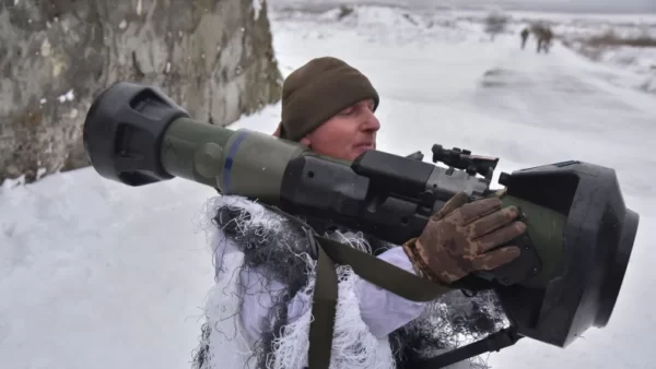 a ukrainian soldier takes part in an exercise involving use of an anti tank missile