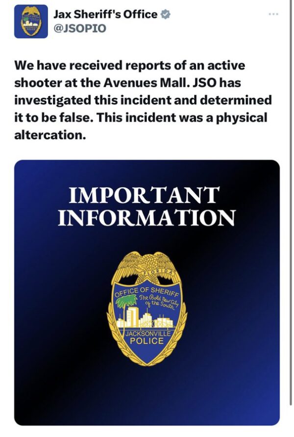 update: the incident at The Avenues Mall in Jacksonville, F.L. was a physical altercation 1 The Avenues Mall in Jacksonville