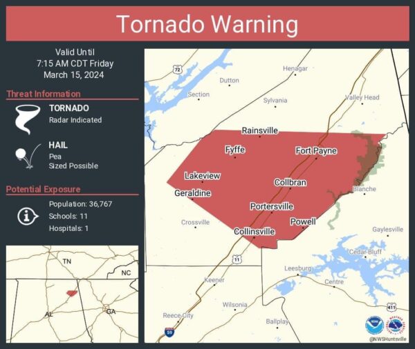 Alabama Tornado warning issued for parts of DeKalb County Cedar News