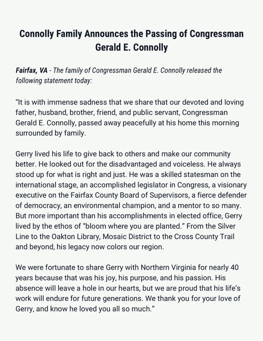 ICYMI: U.S. Rep. Gerry Connolly Passes Away at 75 1 Gerry Connolly