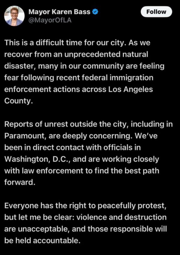 Los Angeles Mayor Karen Bass releases statement on the riots