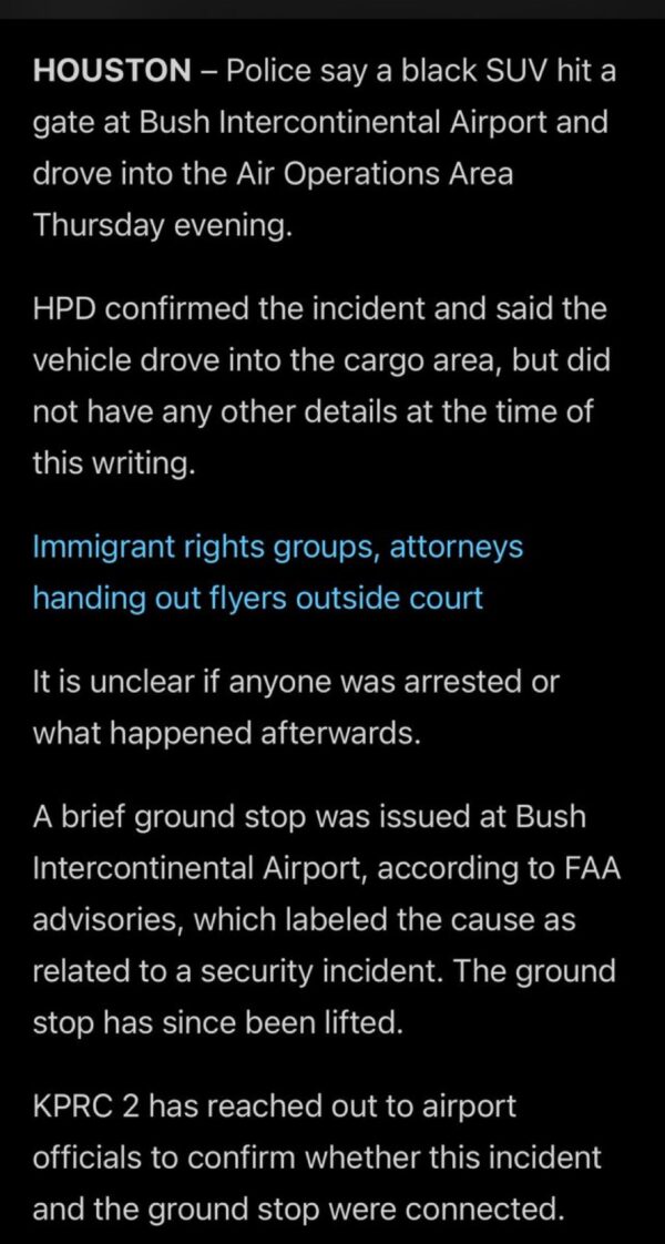 SUV Crashes Through Gate at Houston Airport, Triggers Ground Stop 1 SUV Crashes Through Gate at Houston Airport, Triggers Ground Stop