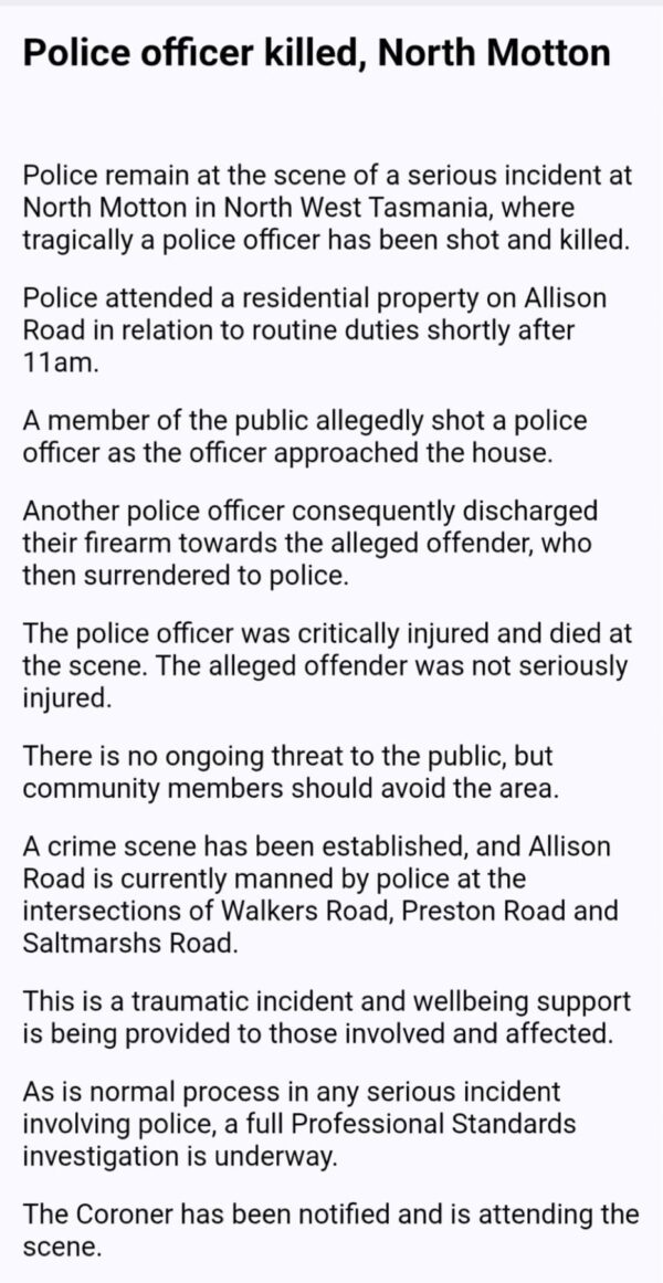 UPDATE: Police officer shot and killed in Tasmania, Australia