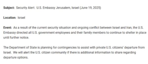 U.S. Embassy in Jerusalem Orders Staff to Shelter in Place Amid Ongoing Israel-Iran Conflict 1 U.S. Embassy in Jerusalem Orders Staff to Shelter in Place Amid Ongoing Israel-Iran Conflict