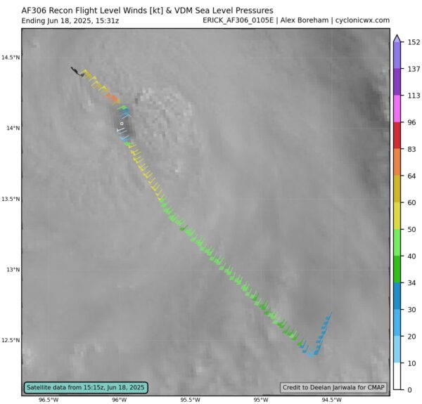First recon pass through Hurricane Erick has found a central pressure down to 978 MB