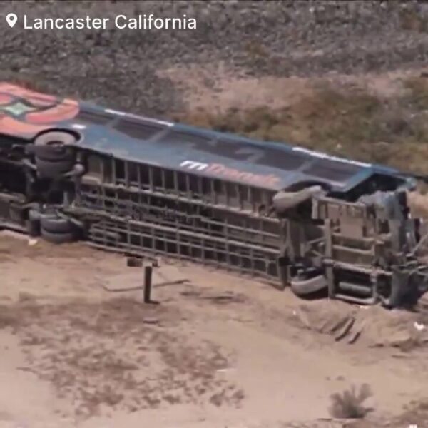 Bus overturns in Lancaster