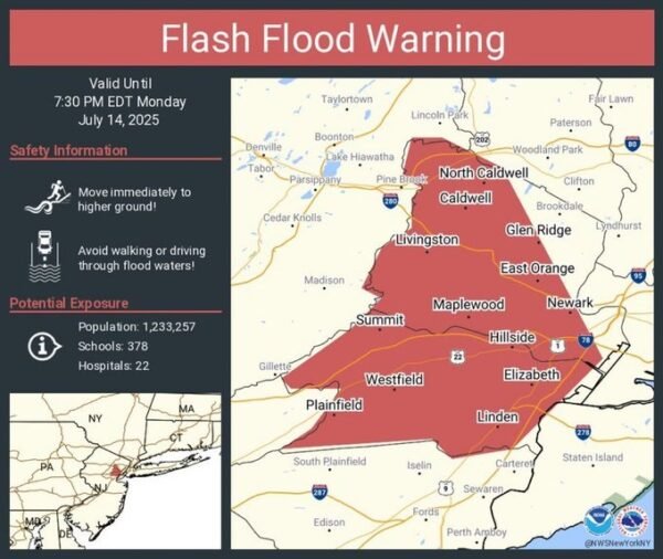 Flash flood warning in place for more than a million people in New Jersey including Newark, Elizabeth and East Orange until 7:30 pm ET 1 Flash flood warning in place for more than a million people in New Jersey including Newark, Elizabeth and East Orange until 7:30 pm ET