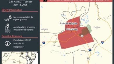 Flash Flood Emergency Declared for Colonial Heights and Petersburg, Virginia