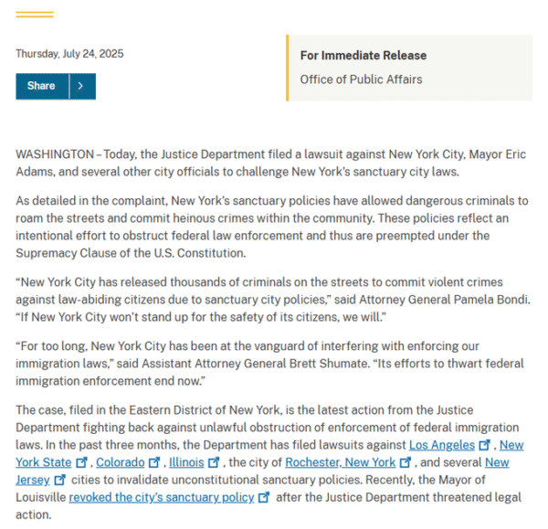 BREAKING: DOJ sues NYC, Mayor Eric Adams over sanctuary city laws 1 Mayor Eric Adams