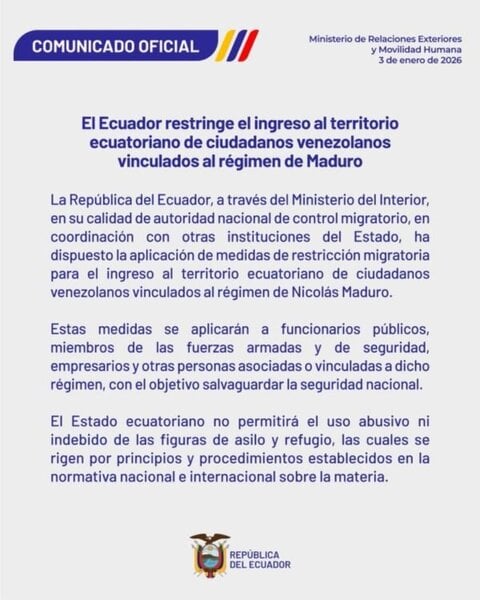 Ecuador Restringe el Ingreso de Venezolanos Vinculados al Régimen de Maduro