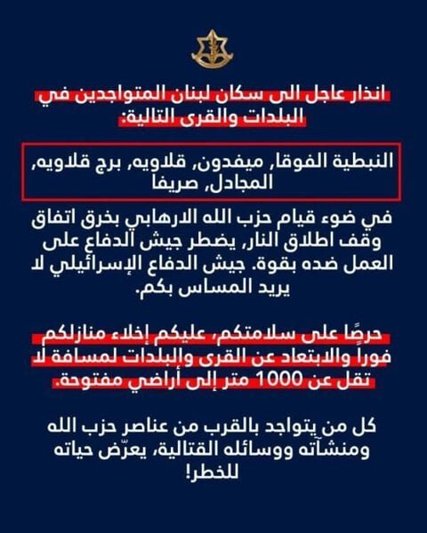 انذار اسرائيلي لسكان ٦ بلدات جنوبية