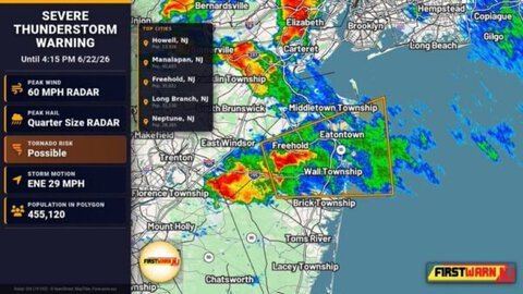 A Severe Thunderstorm Warning has been issued for Monmouth, NJ, Ocean, NJ