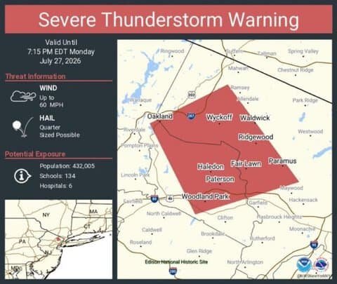 Severe Thunderstorm Warning Issued for Paterson, Fair Lawn, and Paramus, New Jersey Until 7:15 PM EDT