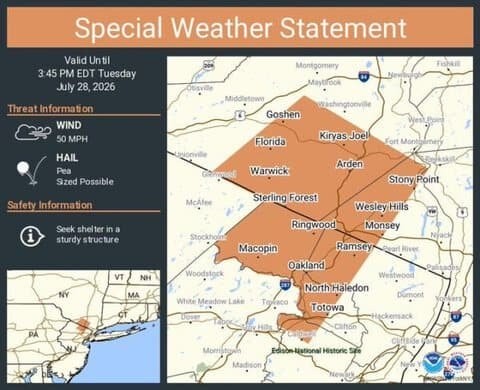 Special Weather Statement Issued for Kiryas Joel, Monsey, and Ramsey Until 3:45 p.m. EDT
