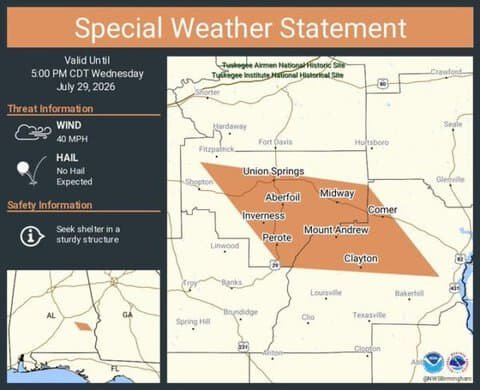 Weather: Special Weather Statement issued for Union Springs, Clayton and Midway, Alabama until 5:00 PM CDT