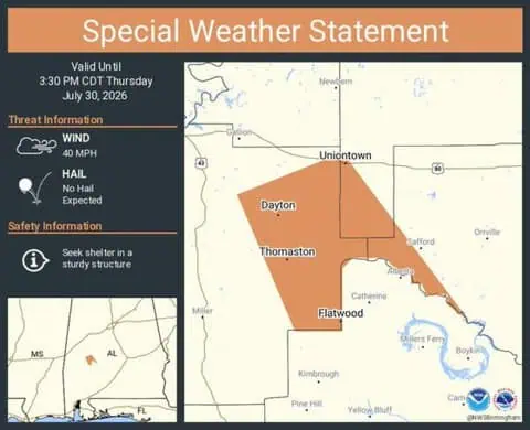 Special Weather Statement issued for Uniontown, Thomaston and Dayton, Alabama