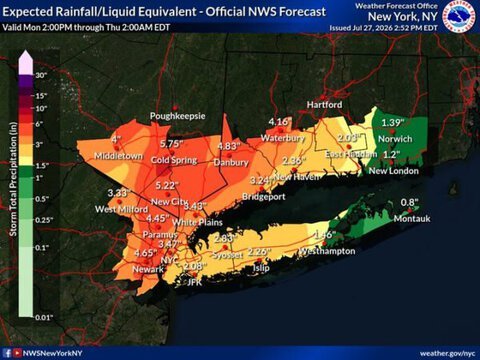 Flood Watch Issued for Parts of New York, New Jersey, and Connecticut Through Wednesday Morning