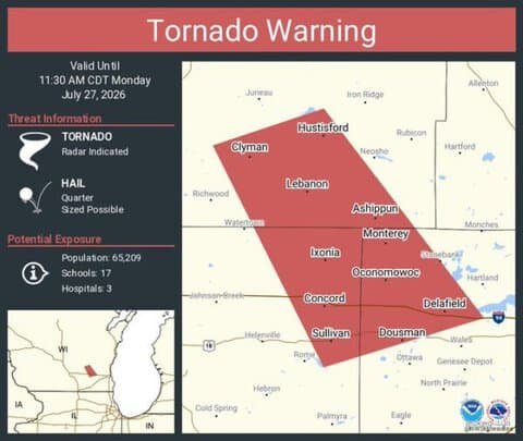Tornado Warning Issued for Oconomowoc, Delafield, and Okauchee Lake, Wisconsin Until 11:30 AM CDT
