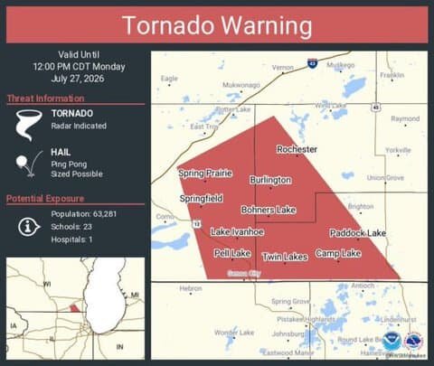 Tornado Warning Issued for Burlington, Twin Lakes, and Pell Lake, Wisconsin Until 12:00 PM CDT