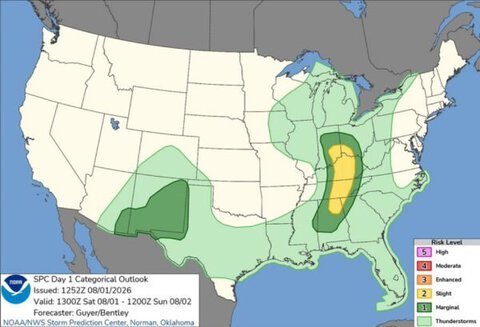 NOAA Storm Prediction Center Issues Slight Risk for Severe Storms Across Ohio and Tennessee Valleys