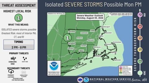 Severe thunderstorms possible across interior New England on Monday