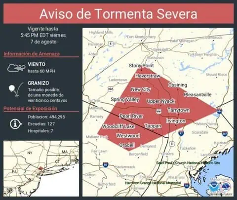 Severe Thunderstorm Warning Issued for New City, Spring Valley, and Ossining, New York