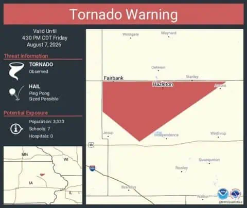 Tornado Warning Continues for Fairbank and Hazleton, Iowa as Tornado Confirmed