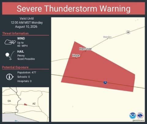 Severe Thunderstorm Warning for Harcuvar and Hope, Arizona; 60 MPH Winds Possible 1 Severe Thunderstorm Warning for Harcuvar and Hope, Arizona; 60 MPH Winds Possible