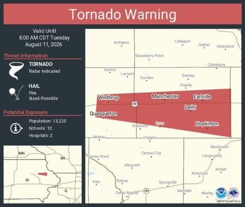 Tornado Warning Issued for Manchester, Winthrop and Earlville, Iowa