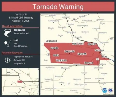 Tornado Warning Issued for Dubuque, Asbury and Dyersville, Iowa
