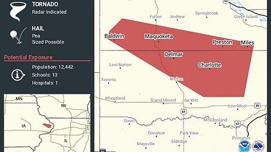 Tornado Warning Issued for Maquoketa, Preston and Delmar, Iowa