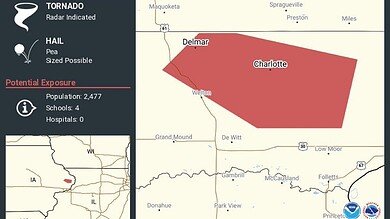 Tornado Warning Continues for Delmar, Charlotte and Goose Lake, Iowa