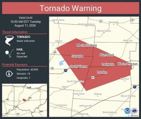 Tornado Warning Issued for London, West Jefferson and Mechanicsburg, Ohio
