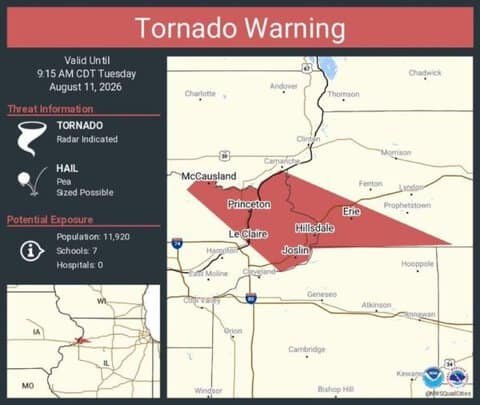 Tornado Warning Issued for Le Claire, Port Byron and Erie