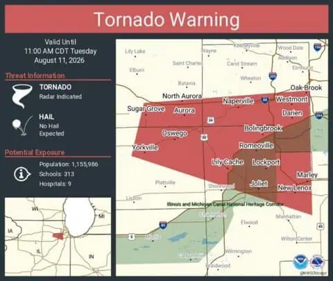 Tornado Warning Continues for Aurora, Joliet and Naperville, Illinois