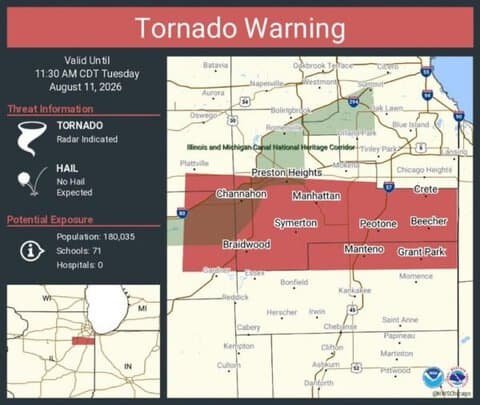 Tornado Warning Issued for Channahon, Minooka and Manteno, Illinois