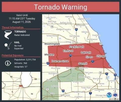 Tornado Warning Continues for Chicago, Cicero and Berwyn, Illinois