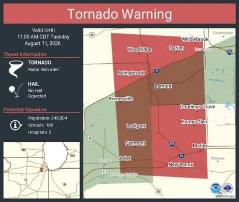 Tornado Warning Continues for Joliet, Bolingbrook and Romeoville, Illinois