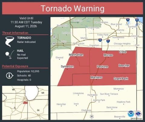 Tornado Warning Continues for Manteno, Crete and University Park, Illinois