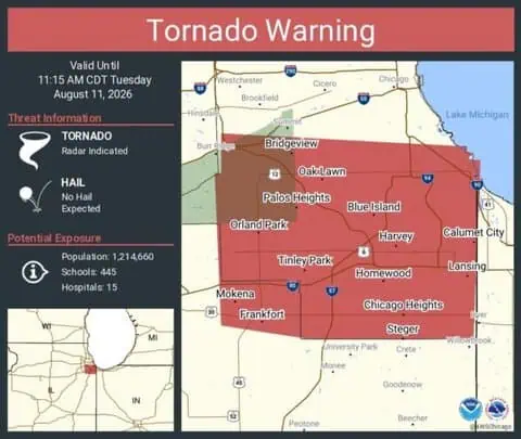 Tornado Warning Issued for Orland Park, Tinley Park and Oak Lawn, Illinois