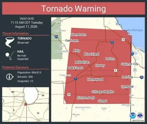 Tornado Observed: Warning Continues for Oak Lawn, Calumet City and Chicago Heights, Illinois