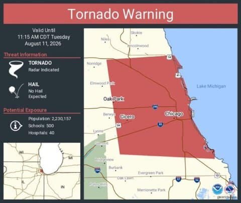 Tornado Warning Continues for Chicago, Cicero and Oak Park, Illinois