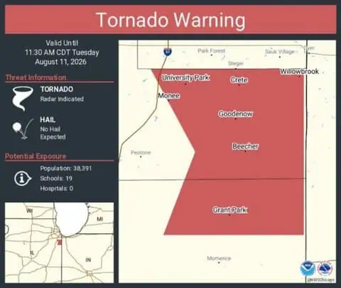 Tornado Warning Continues for Crete, University Park and Monee, Illinois