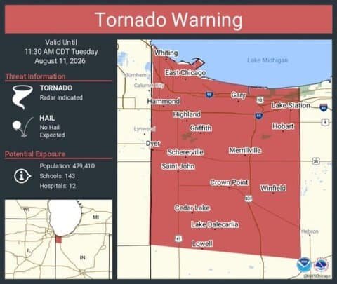 Tornado Warning Continues for Hammond, Gary and Merrillville, Indiana