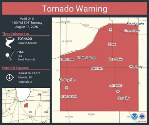 Tornado Warning Issued for Knox, Winamac and North Judson, Indiana