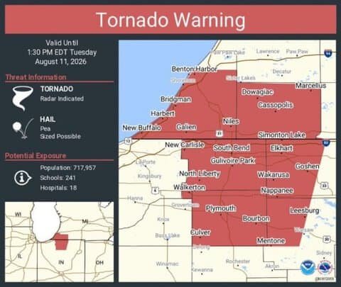 Tornado Warning Continues for South Bend, Elkhart and Mishawaka, Indiana