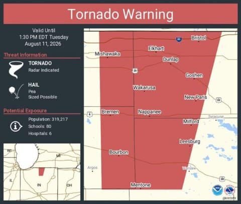 Tornado Warning Continues for Elkhart, Mishawaka and Goshen, Indiana