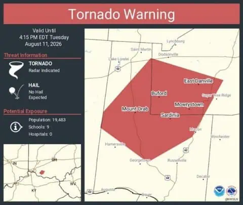 Tornado Warning Continues for Mount Orab, Sardinia and Mowrystown, Ohio