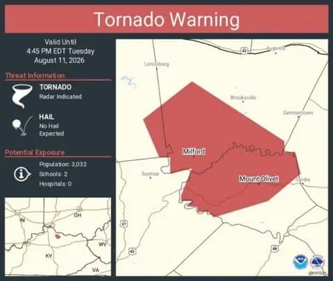 Tornado Warning Issued for Mount Olivet and Milford, Kentucky