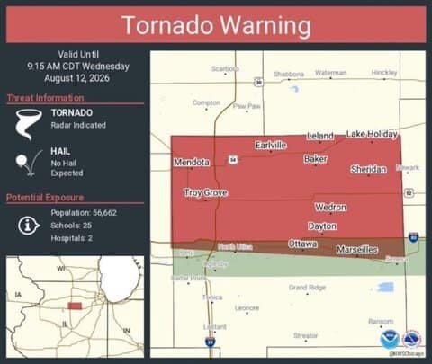 Tornado Warning Issued for Ottawa, Mendota and Marseilles, Illinois